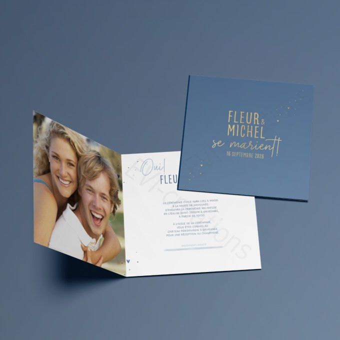 Faire part de mariage bleu et or