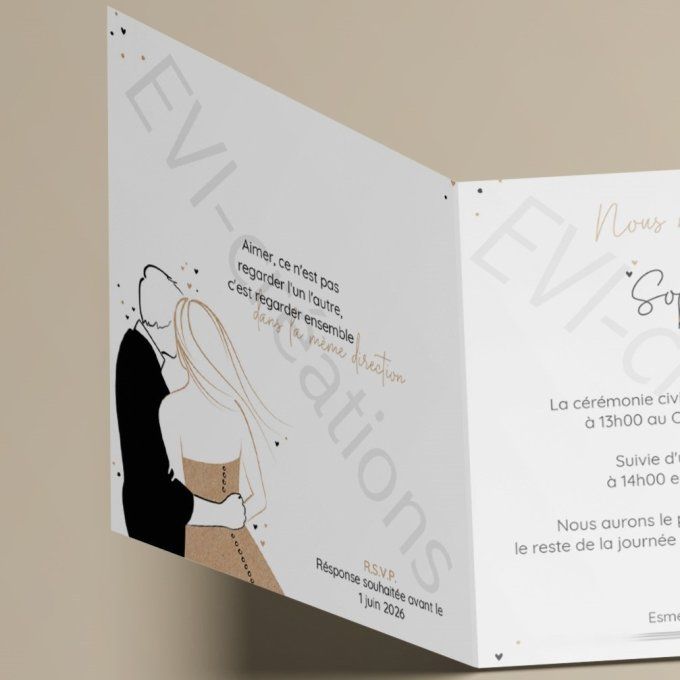Faire-part de mariage couple de mariés sur kraft