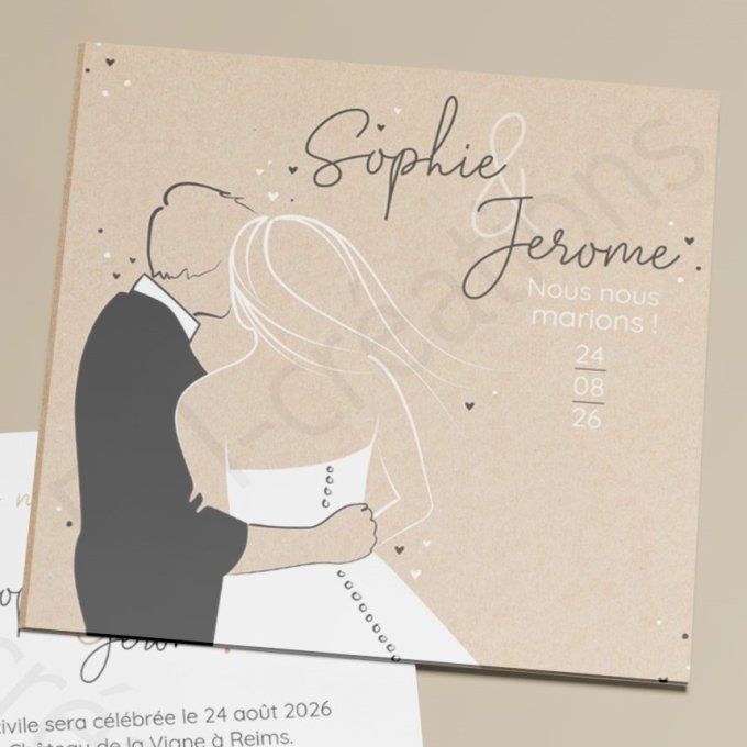 Faire-part de mariage couple de mariés sur kraft