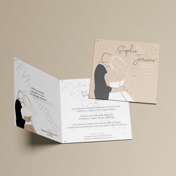 Faire-part de mariage couple de mariés sur kraft