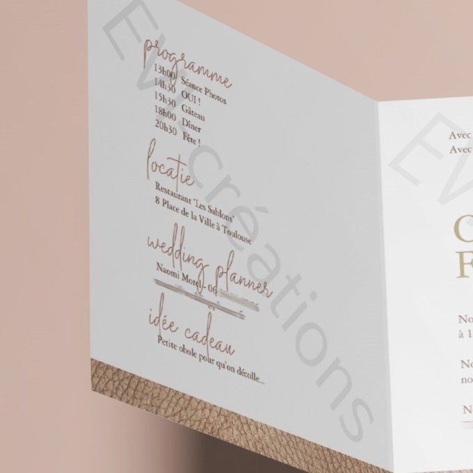 Faire part de mariage cuir et doré