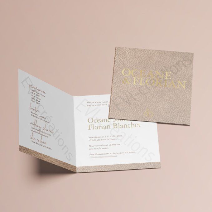 Faire part de mariage cuir et doré