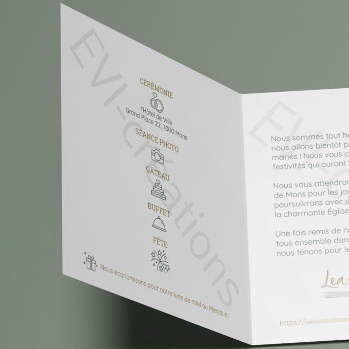 Faire-part de mariage vert d'eau et or