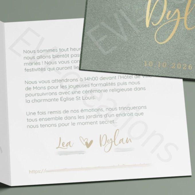 Faire-part de mariage vert d'eau et or
