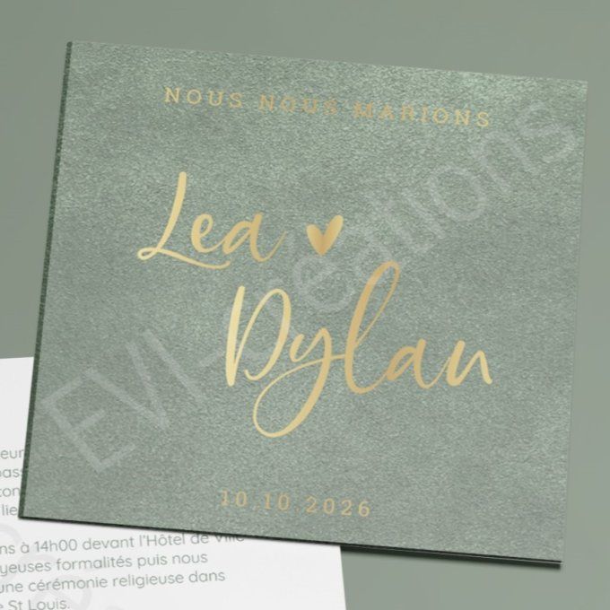 Faire-part de mariage vert d'eau et or