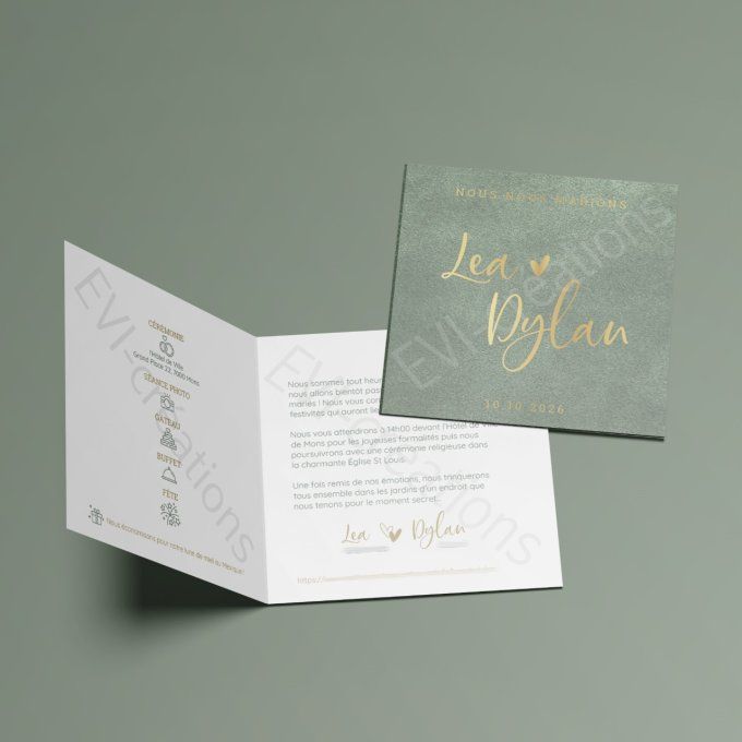 Faire-part de mariage vert d'eau et or