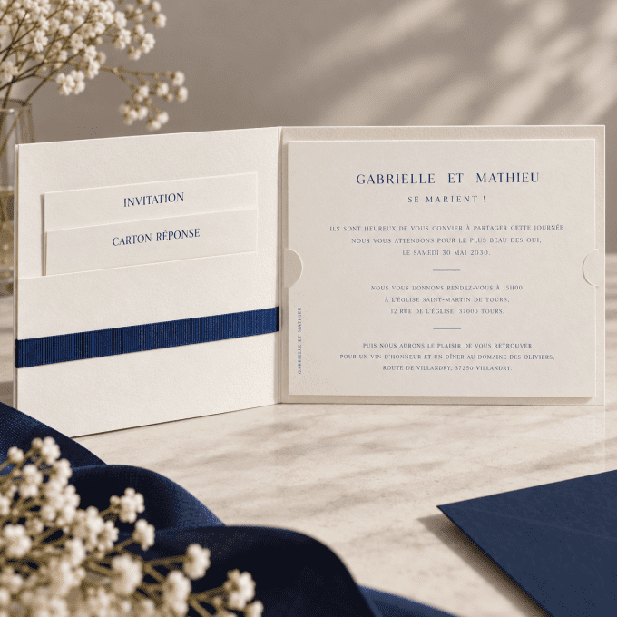 Faire-part pochette classique ruban bleu