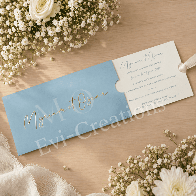 Faire-part tirette chic bleu