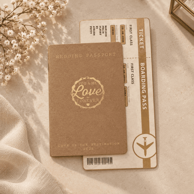 Faire-part passeport et billet d'avion kraft