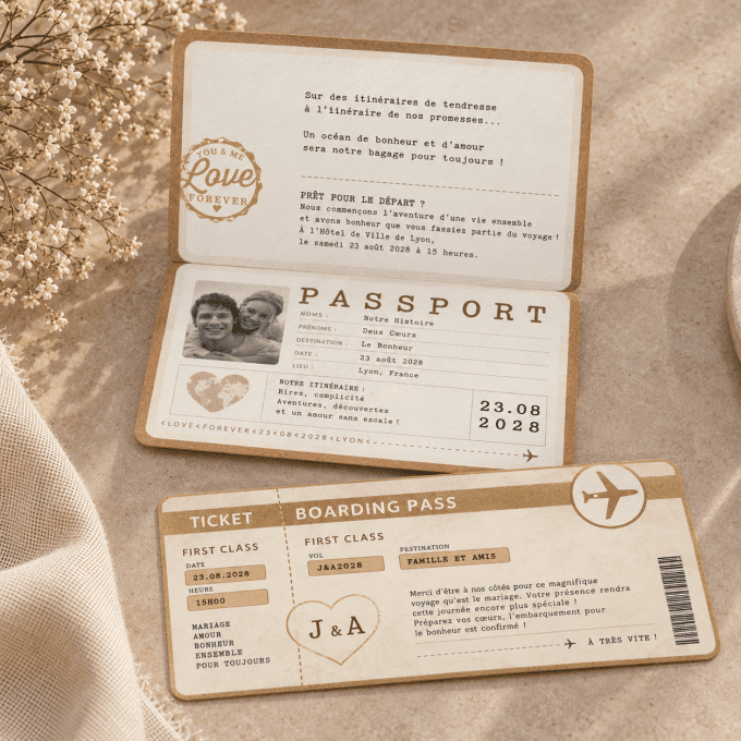 Faire-part passeport et billet d'avion kraft