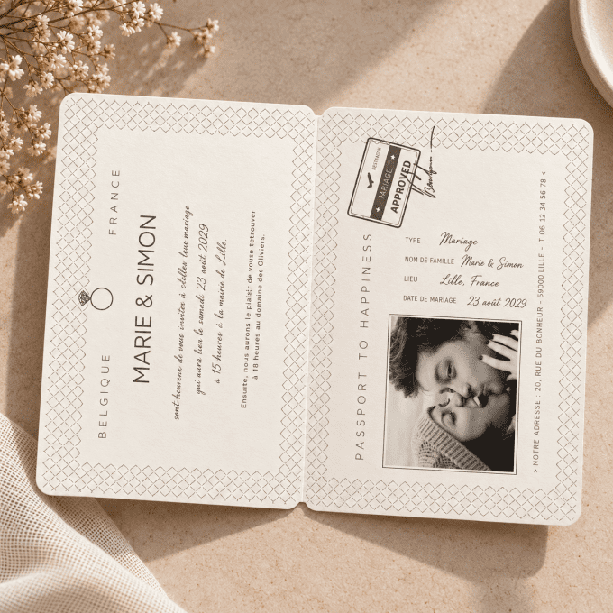 Faire part mariage passeport et colombes