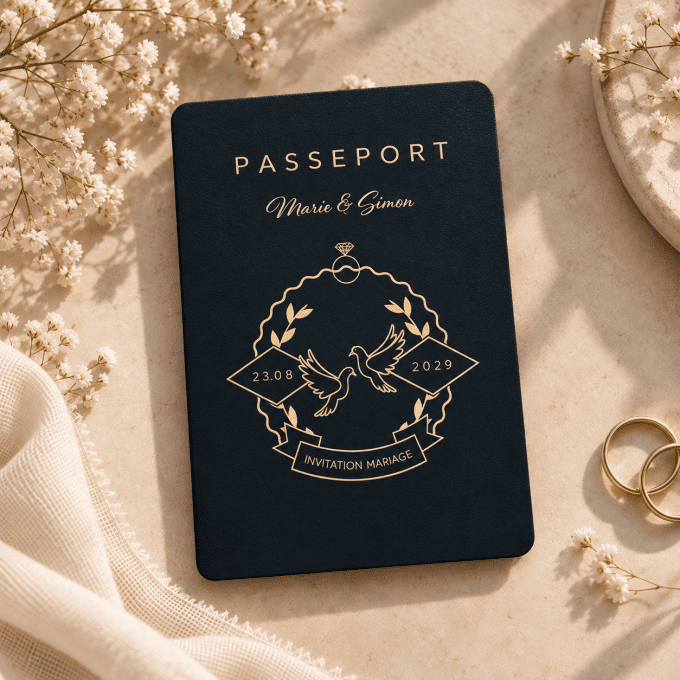 Faire part mariage passeport et colombes