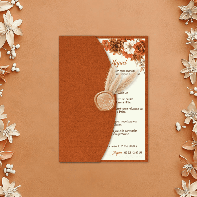Faire-part demi-pochette terracotta fleuris
