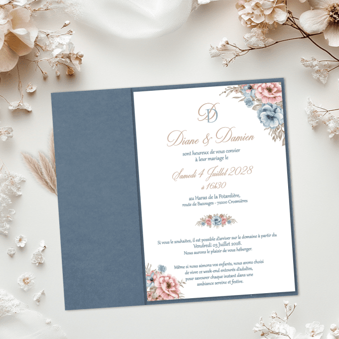 Faire-part demi-pochette bleu fleuri