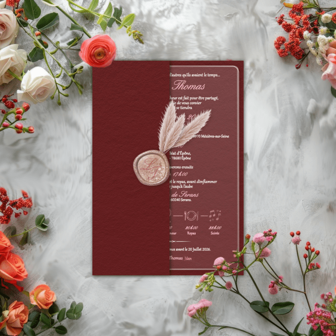 Faire-part demi-pochette romantique plexiglass
