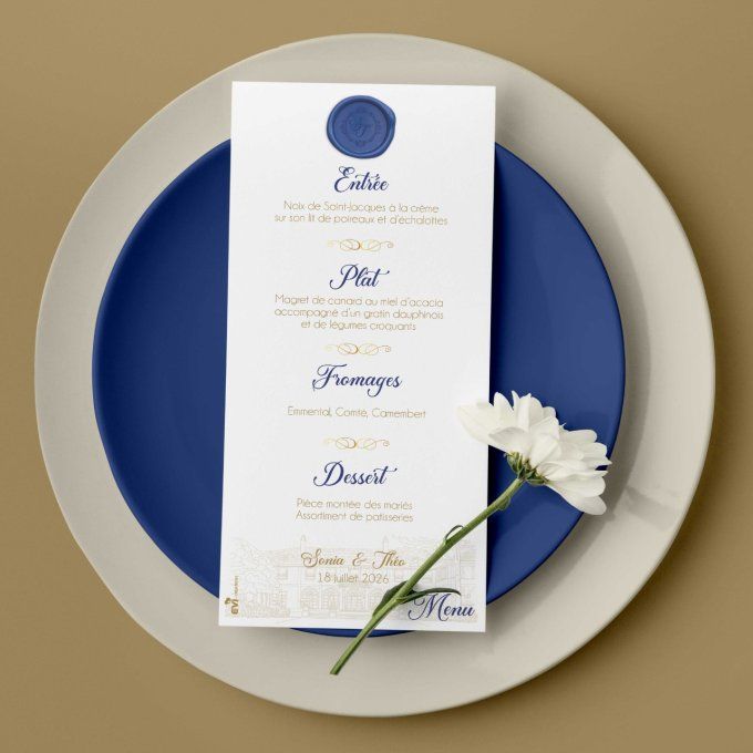 Menu de mariage bleu royal