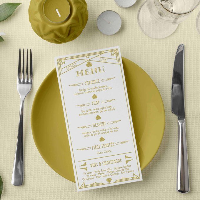 Menu de mariage Gatsby "Années 20"